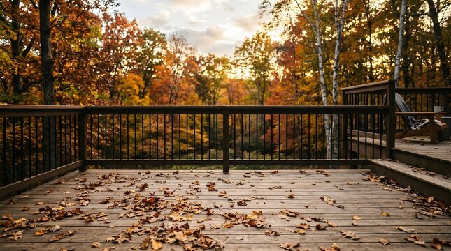 A peaceful wooden deck covered in fallen autumn leaves overlooking a vibrant forest during the golden hour