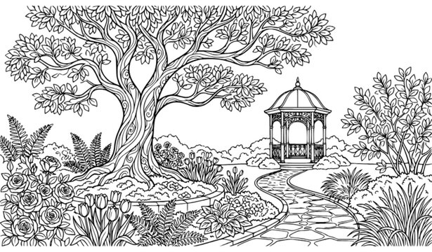 Botanical Park Garden Nature Outline Coloring Page Vector