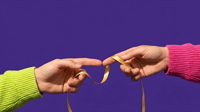 Two hands touching fingers with a gold ribbon on a purple background