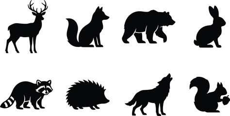 Fototapeta premium Forest Animal Silhouettes Set Featuring Deer, Fox, Bear, Rabbit, Raccoon, Hedgehog, Wolf, and Squirrel