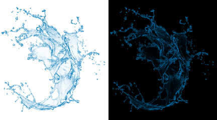 Fototapeta premium Dynamic water splash illustration, blue liquid crown with droplets. Refreshing water wave on white and black backgrounds. Fluid motion design element.