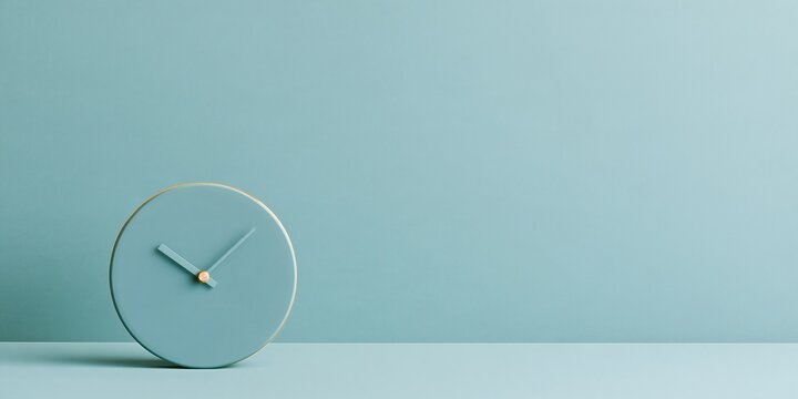 Round blue clock with a brass rim on a matching slate surface, featuring a clean minimalist design and copy space for time change banners