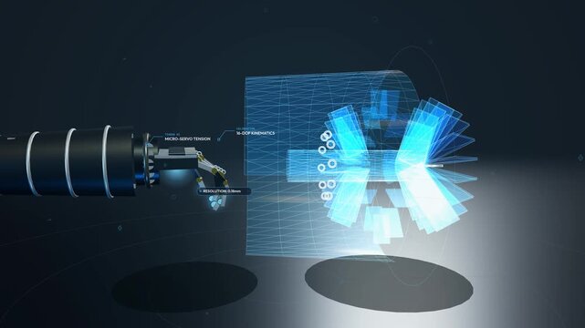 Abstract 3D animation of a robotic hand interacting with a holographic jet engine turbine, illustrating haptic VR feedback, digital twin technology, aerospace engineering, and advanced robotics