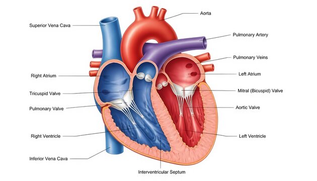 Detailed human heart anatomy diagram with text labels, 2D vector cross section medical illustration