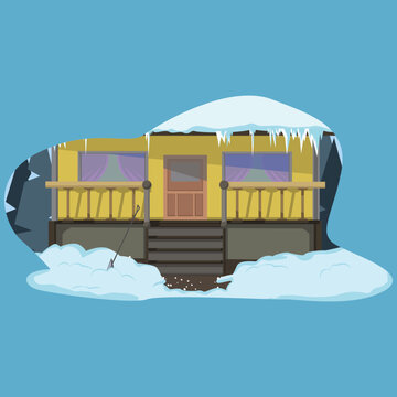 Flat vector illustration of a yellow wooden cabin covered in snow and icicles, surrounded by deep snowdrifts in a winter mountain landscape.