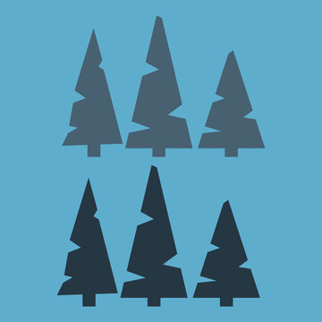Six stylized evergreen tree silhouettes in two color tones arranged in rows on a blue background, perfect for holiday and nature designs.