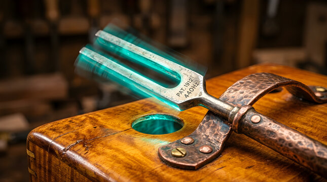Extreme Macro Glowing Teal Antique Nickel Silver Tuning Fork Vibrating with Copper Handle on Amber Resonance Box