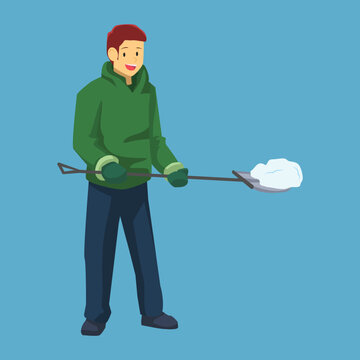 A cheerful young man wearing a green hoodie and mittens shovels snow with a long-handled shovel, vector flat design illustration.