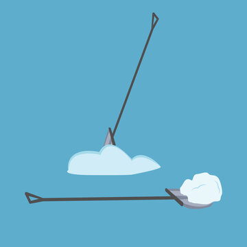 Two snow shovels with piles of snow, flat design vector illustration on blue background.