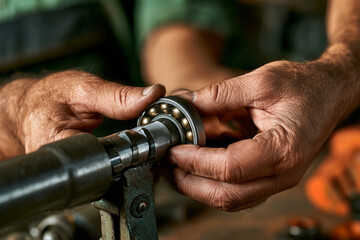 Fototapeta premium Hands work on a machine part in a workshop during daytime