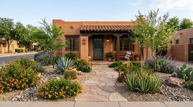 Beautiful southwestern style house with a desert garden and stone pathway in a sunny neighborhood street. arizona front yard