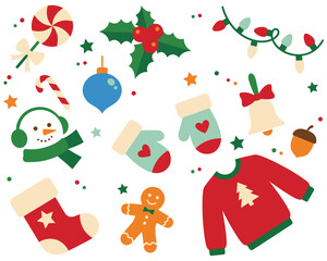 Naklejka premium Festive Holiday Seasonal Elements Collection Featuring Adorable Christmas Ornaments and Winter Themed Decorations for Celebration Graphic Design Projects