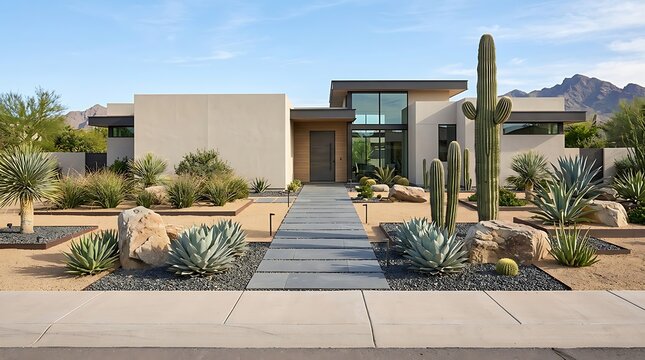 Modern luxury house with desert landscaping and large saguaro cactus in a sunny residential neighborhood. arizona front yard