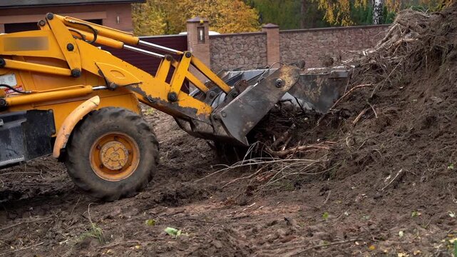 Yellow loader digs through wet, tangled roots and soil. Muddy ground sticks to heavy tires and metal bucket. Trees stand bare behind the construction zone. Worker grips controls