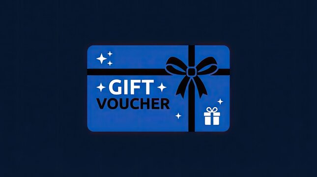 Blue gift voucher card with ribbon and sparkles.