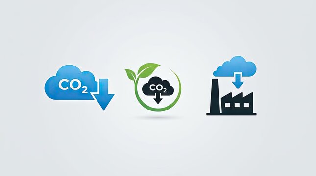 Carbon reduction and eco-friendly factory emission icons.