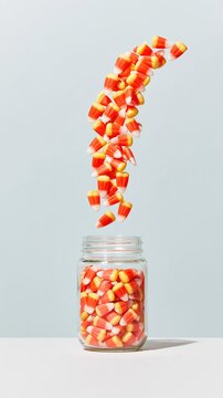 Candy corn falling in a weightless pour above a glass jar, featuring a waxy sheen and soft lavender background with copy space for confectionery advertising