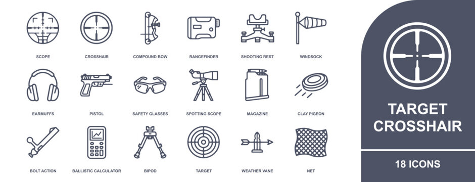 Set of 18 shooting and archery icons, including crosshair, pistol, target, spotting scope, and safety equipment in linear style