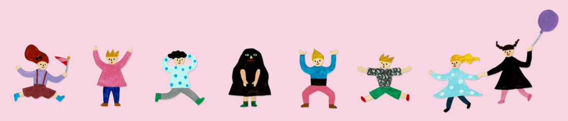 Fototapeta premium 水彩で描いた子どもたちの楽しいダンスと遊びの横長イラスト