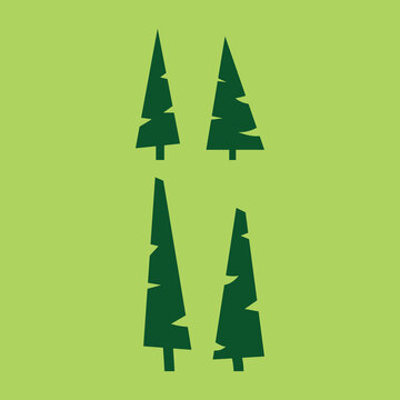 Four stylized pine tree silhouettes in dark green on a bright lime green background, flat vector illustration set.