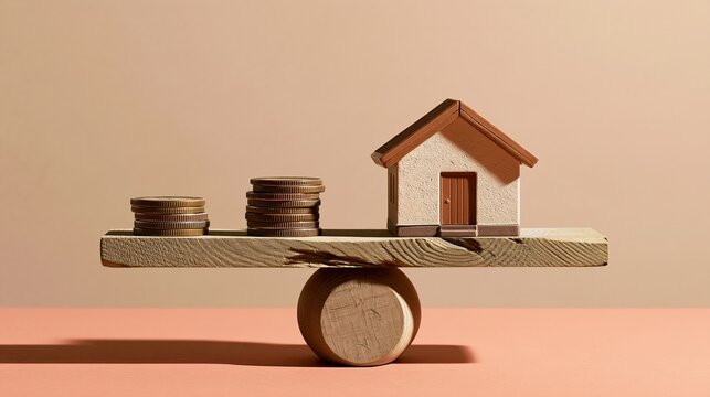 Coins and a miniature house balancing on a wooden plank, featuring ridged textures and soft coral tones for mortgage and savings explainers