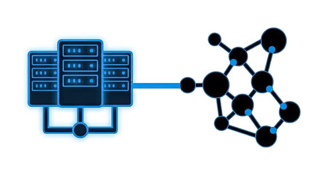 Server rack connected to a network node structure.