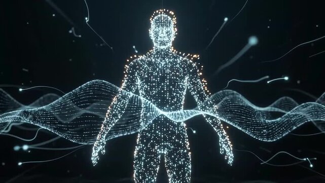 Futuristic Digital Human with Neural Network Waves, Artificial Intelligence and Biotechnology 3D Animation Video Footage