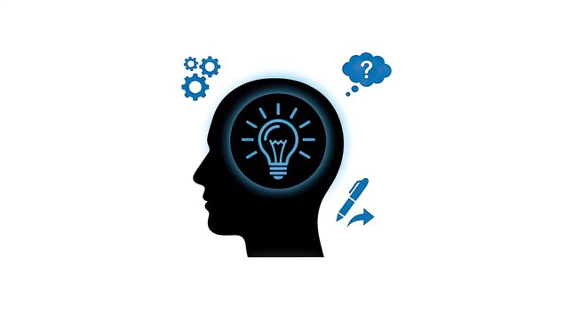Silhouette of human head with lightbulb and mental icons