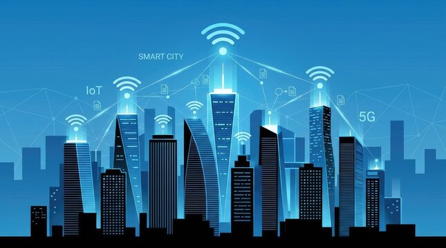 Smart city skyline with IoT network connections.