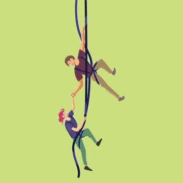 Two cartoon aerial acrobats wrap around fabric ribbons and hold hands in a colorful flat design illustration.