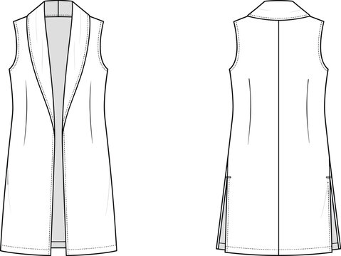 Technical flat sketch of a sleeveless long vest with shawl collar and side slits