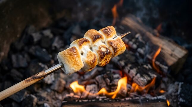 A close up view of several marshmallows being roasted on a wooden stick over a glowing campfire