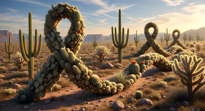 A breathtaking desert landscape featuring uniquely shaped cacti and a vibrant sunset glow showcasing natural artistry