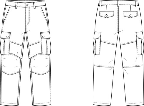 Technical flat sketch of tactical cargo pants with utility pockets and reinforced knee panels