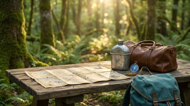 A vintage leather bag and a map rest on a rustic wooden table in a sunlit forest