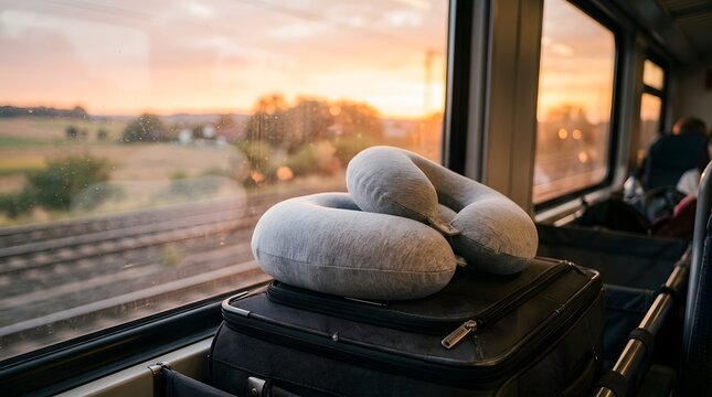 Comfortable travel pillow rests on luggage beside a train window during sunset