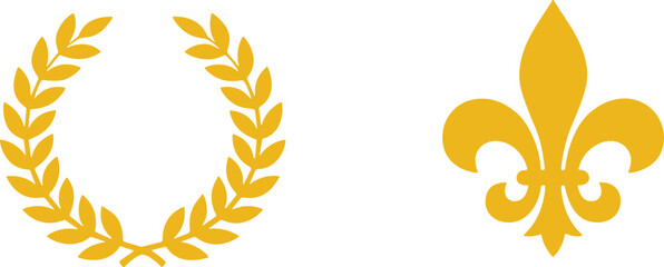 Classic yellow laurel wreath and fleur de lis design elements for luxury product logos. © Fatema