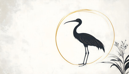 Fototapeta premium Minimalist Japanese Style Silhouette Illustration of Ibis Bird with Gold Circle