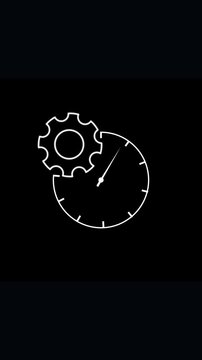 Minimalist graphic animation featuring white clock dial combined with spinning gear icon representing management process workflow efficiency optimization digital clockwork concept.