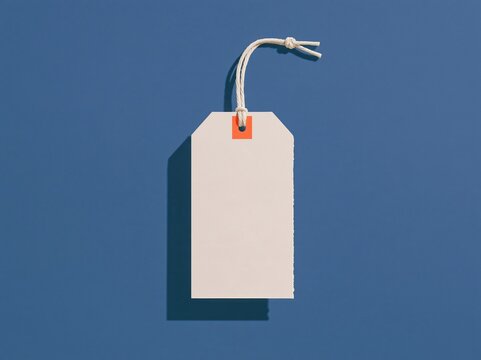 Blank swing tag with a cotton cord on a vivid blue background, a clean paper mockup for label templates and product packaging with copy space