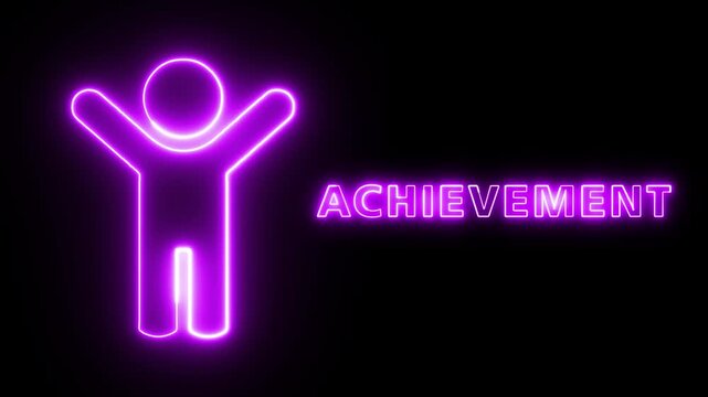 Neon Achievement Sign Featuring A Happy Person Figure Representing Success And Goal Completion With Vibrant Purple Glowing Light Effect