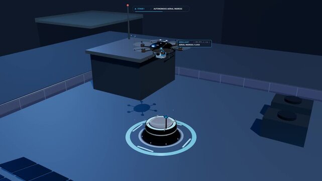 Autonomous drone rooftop delivery 3D animation showing precision payload deposition into an automated locker, UV sterilization, and resident mobile notification on smartphone