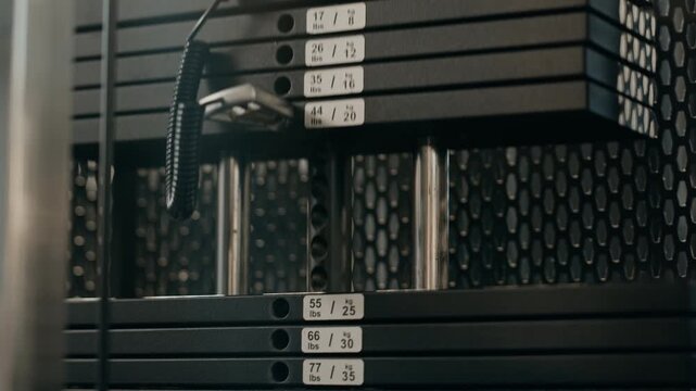 Unrecognizable man adjusting selector pin on gym weight stack machine before lifting plates during strength workout. Suitable for fitness club promo or wellness advertising