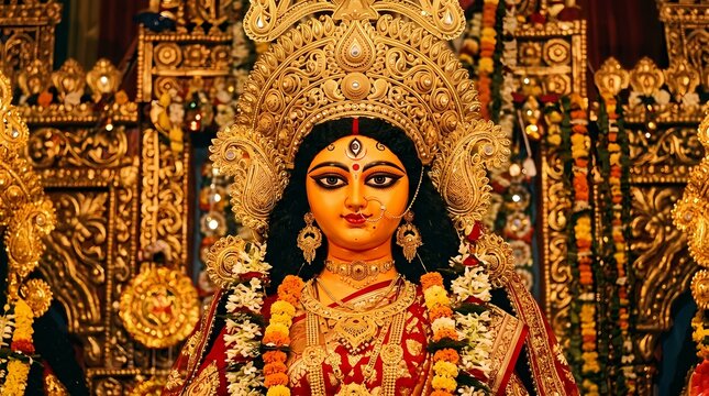 Ornate Close Up Face of Goddess Jagaddhatri Wearing Golden Crown