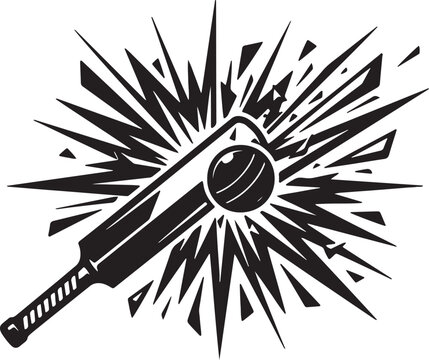 A high-contrast black and white vector logo icon of a cricket bat striking a cricket ball with high power. A dynamic explosion of sharp geometric shards, shattered glass fragments, and energetic splas