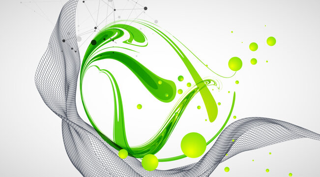 Abstract background with fluid green shapes, wireframe 3D grid wave, topographic lines and plexus network