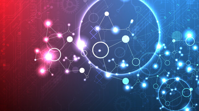 Abstract futuristic technology background with glowing molecular network, binary code and lens flare effect