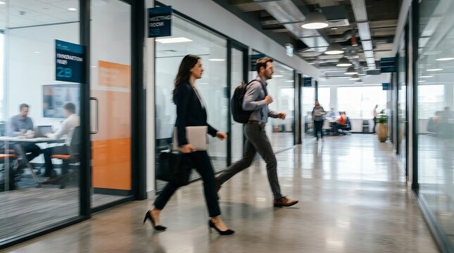 Professional Business People Walking Through A Modern Bright Corporate Office Corridor In Daytime