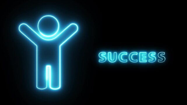 Neon glowing success concept featuring a celebratory human figure icon and bold text design on a sleek dark background for business growth