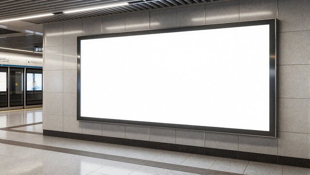 Blank light box billboard mockup on modern subway station wall